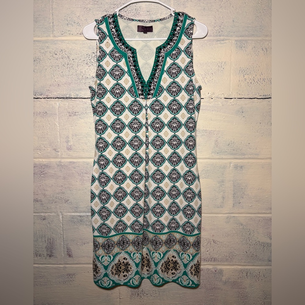 Hale Bob Sleeveless Shift Dress Teal Black Geometric Tile Print Beaded V-Neck S